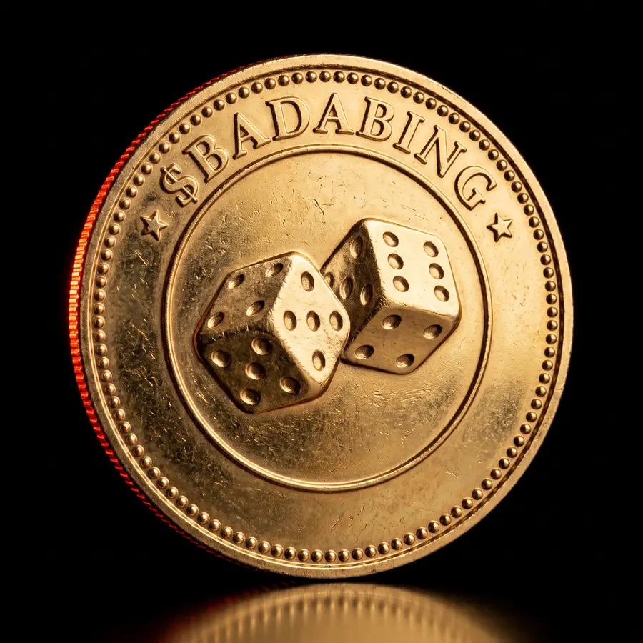 The gold $BADABING coin, embossed with a pair of dice